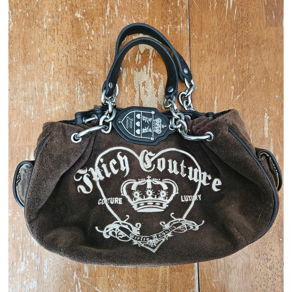 Vintage Juicy Couture Brown Velour Rare Shoulder Bag Y2K Satchel Hobo Leather